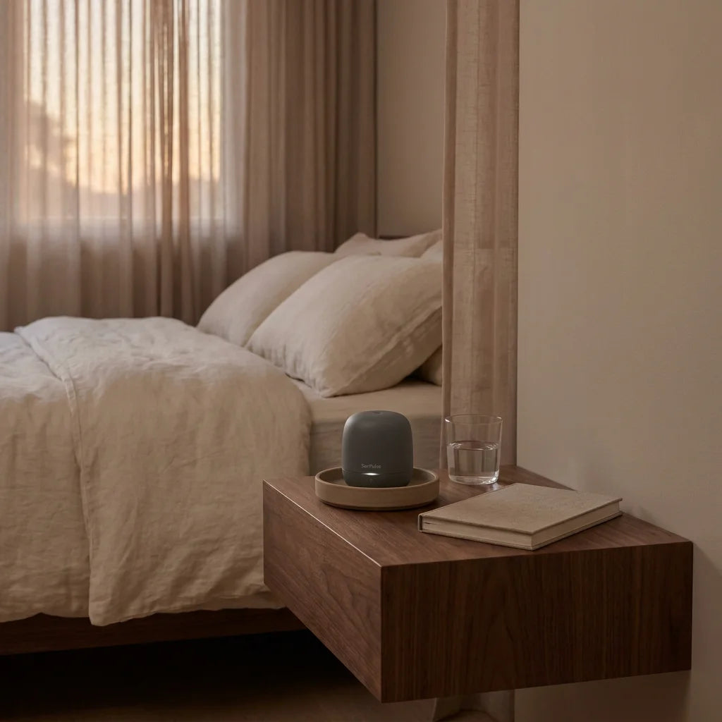 Quiet Luxury bedroom scene with a sleep aid device on a walnut bedside table.