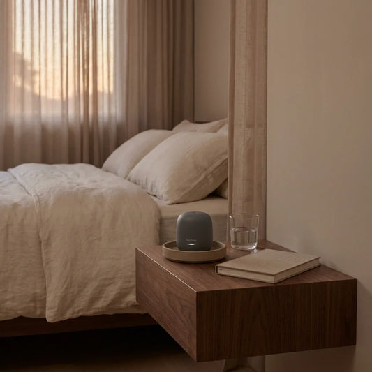Quiet Luxury bedroom scene with a sleep aid device on a walnut bedside table.