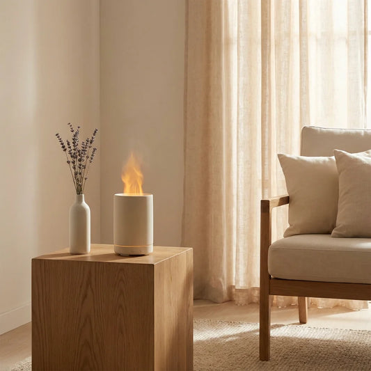 Quiet Luxury wellness scene featuring an aroma diffuser with amber flame-like mist on an oak table.