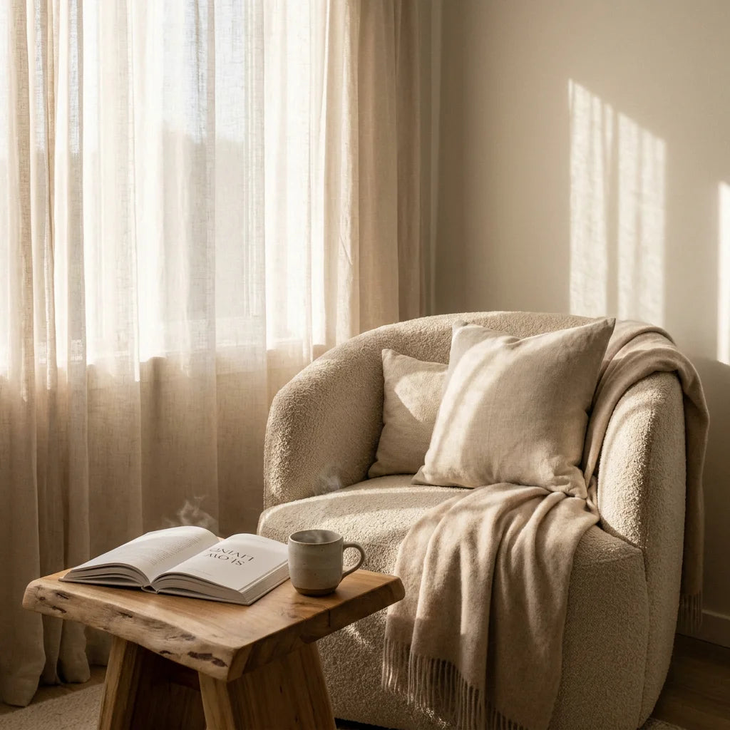 Quiet Luxury wellness scene focusing on stillness, featuring a reading nook and tea.