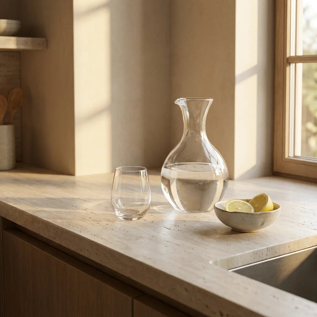 Quiet Luxury aesthetic wellness scene with a glass carafe and clear water.