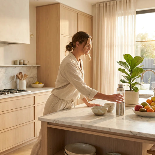 A healthy lifestyle scene with QuantumH2 molecular hydrogen bottle in a bright kitchen