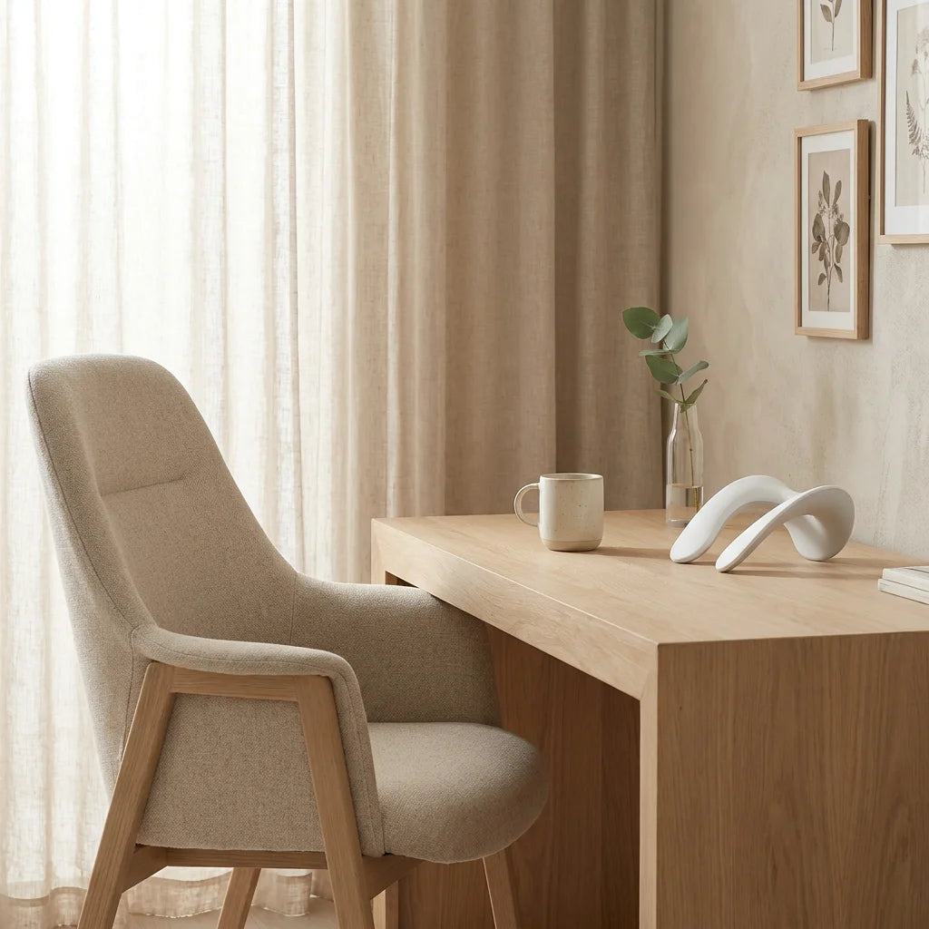 Quiet Luxury home office scene focusing on mindful recovery and ergonomic support.
