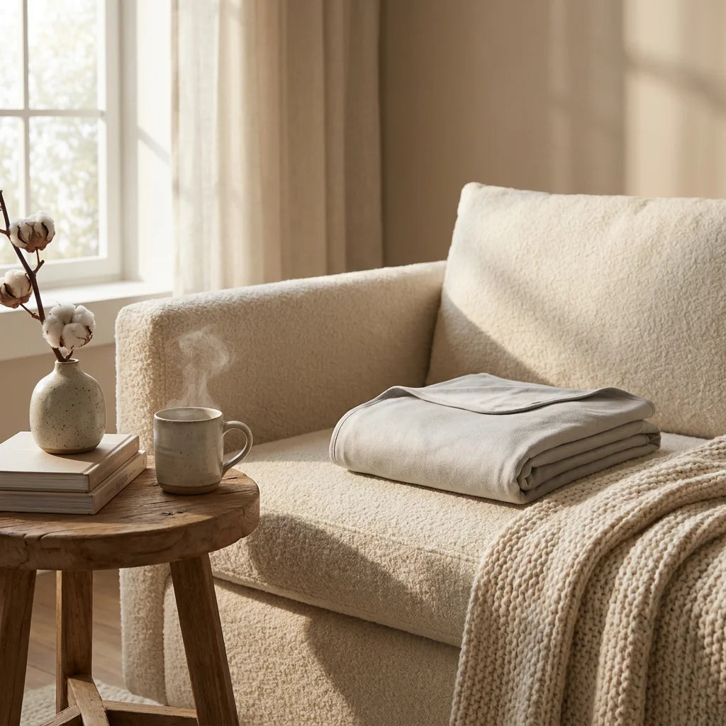 Quiet Luxury wellness scene featuring a Graphene wrap on a plush cream-colored blanket.