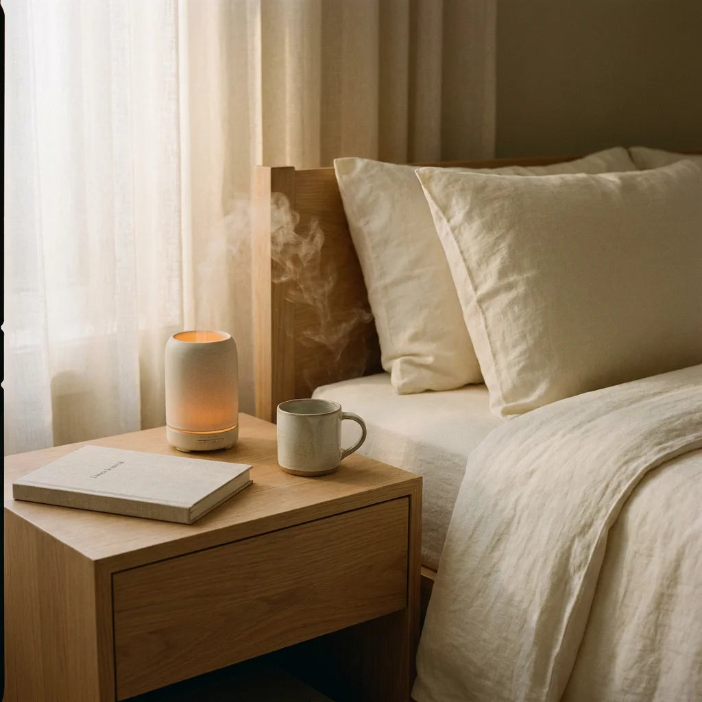 Quiet Luxury bedside sanctuary wellness scene with a Zen Flame diffuser and cream linen.