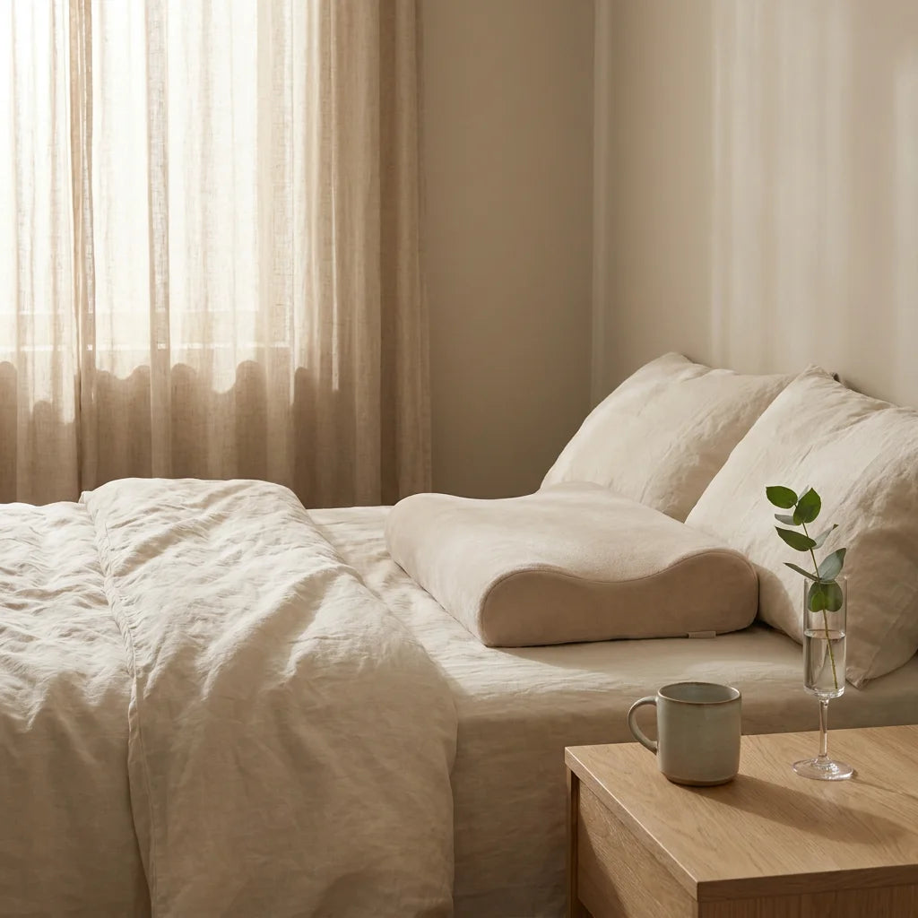 Quiet Luxury wellness scene with an ergonomic neck support pillow on cream-colored linen.