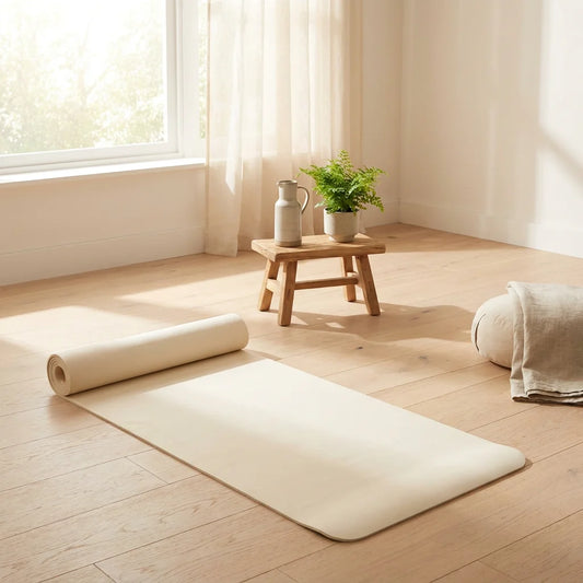 Quiet Luxury morning ritual wellness scene with a yoga mat and natural sunlight.