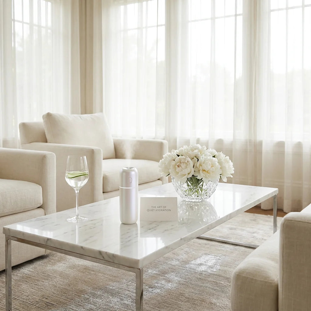 Quiet Luxury wellness scene featuring a sleek hydrogen misting device in a bright sunroom.