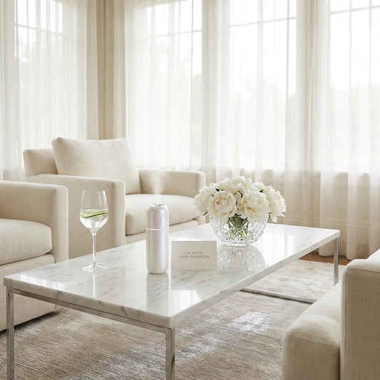 Quiet Luxury wellness scene featuring a sleek hydrogen misting device in a bright sunroom.