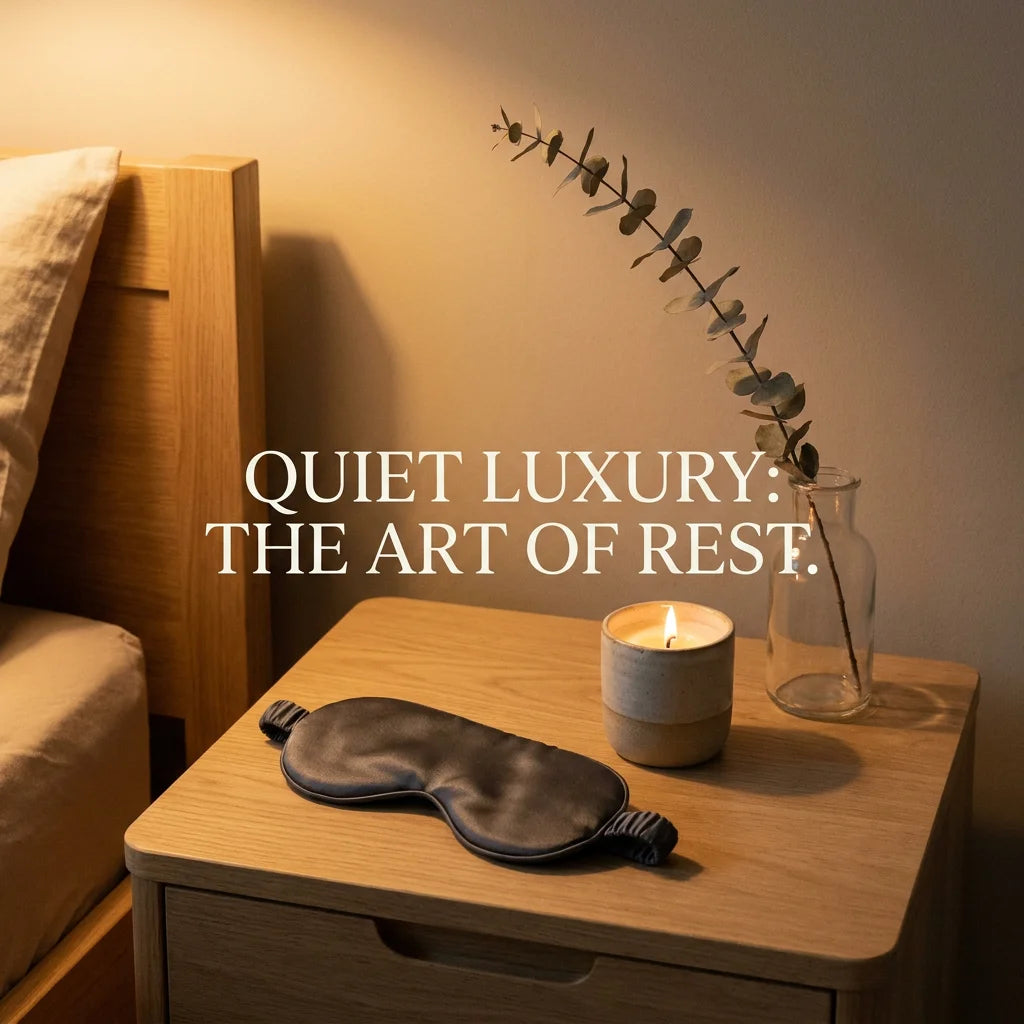 Quiet Luxury bedside scene featuring a silk eye mask and a calming candle.